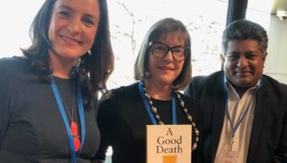 Melissa Reader, left, the CEO of LifeCircle, author Margaret Rice and Dr Suharsha Kanathigoda, Director of Palliative Care ACT and a senior staff specialist at Calvary Hospital and Clare Holland House.