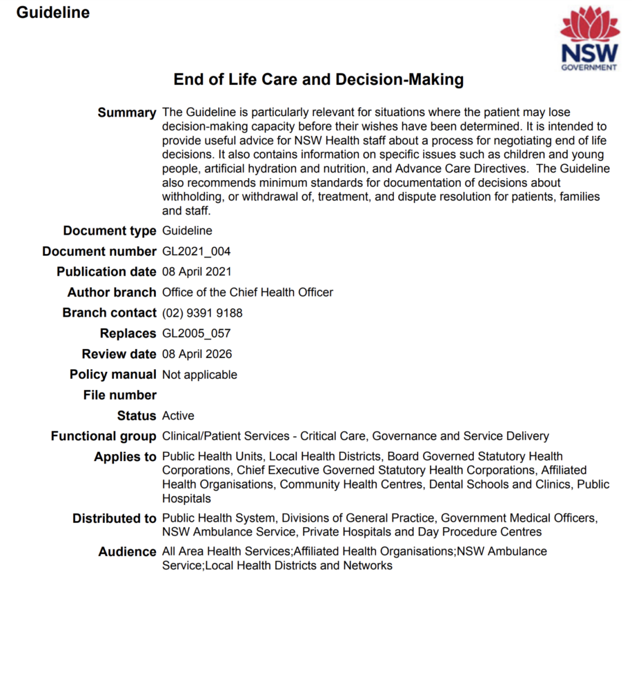 End of Life Decision Making NSW Govt