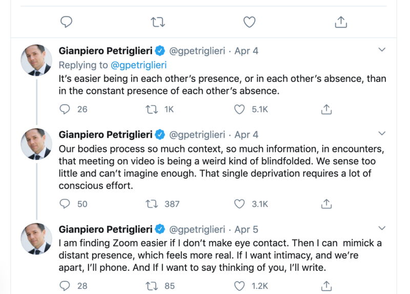 Gianpiero Petriglieri's tips, tweeted on April 4 and 5 describe the challenges of technology use during covid.