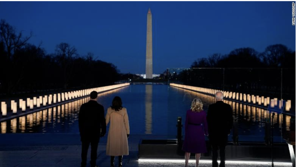 Doug Emhoff, Kamala Harris, Joe Biden and Jill Biden remember the 400,000 Americans who have died from Covid-19. Photo by Evan Vucci AP.