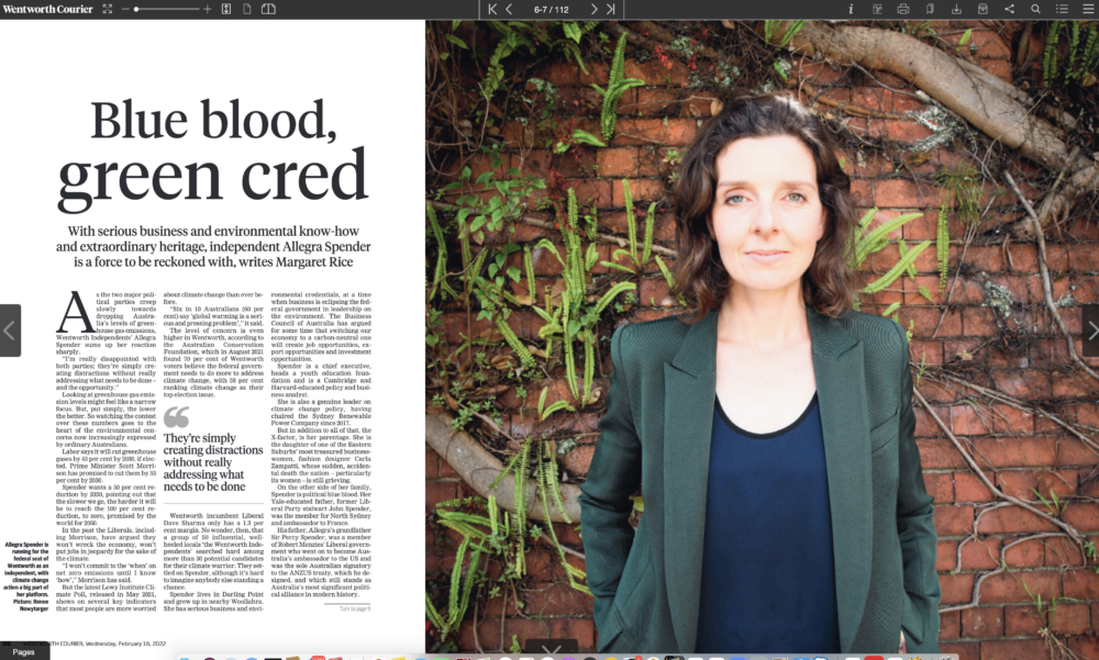 'Blue Blood,Green Cred' Wentworth Courier Pp 6-7 February 16 (Screen Shot)