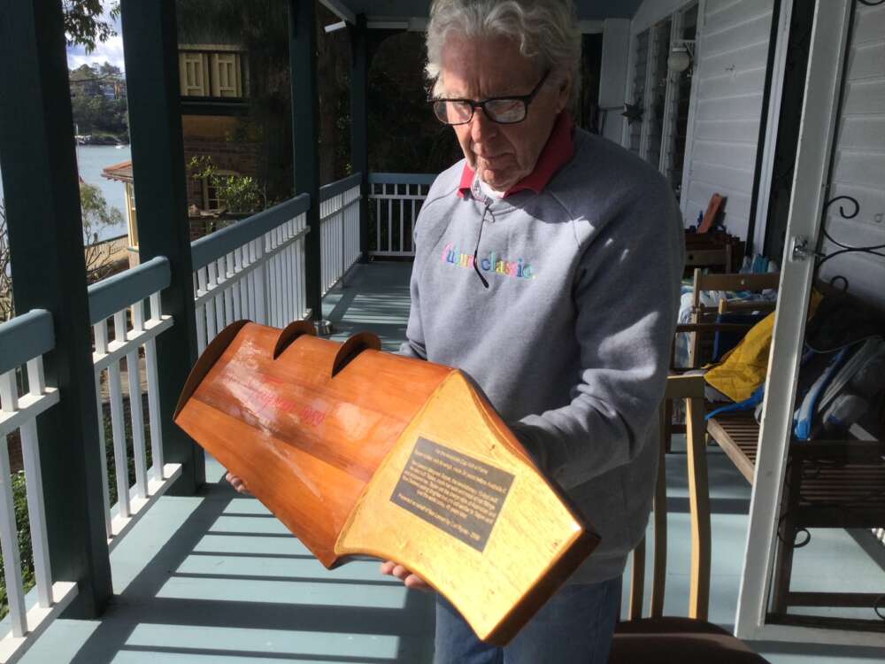 Carl with recreation rudder presented to the America's Cup Hall of Fame
