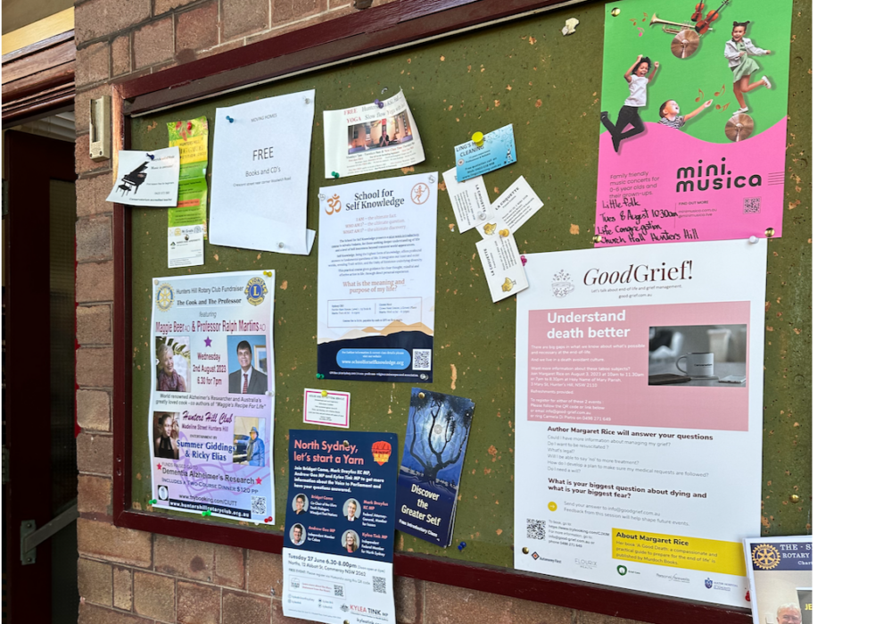 The noticeboard of the Hunters Hill Post Office