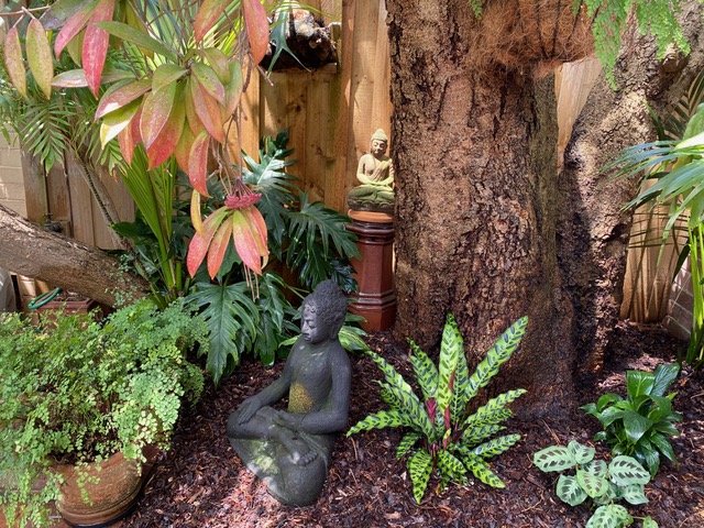 A reflective garden with Buddhist images to encourage meditation