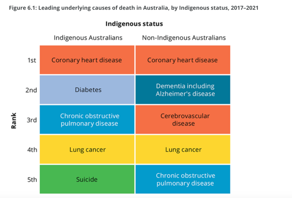 A list of the leading underlying causes of death in Australia, by Indigenous status, 2017-2021, AIHW.