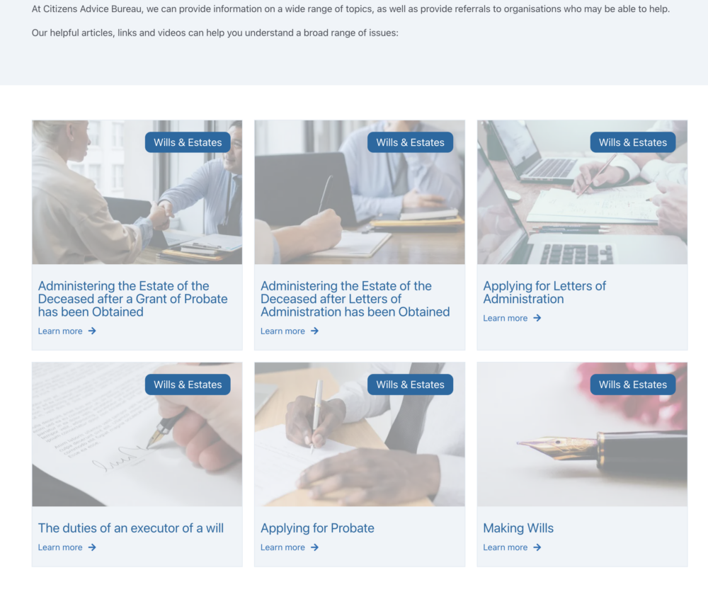 The Wills and Estates page of the WA Citizens Advice Bureau