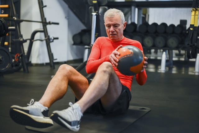 A man exercises with a medicine ball while sitting on a gym floor