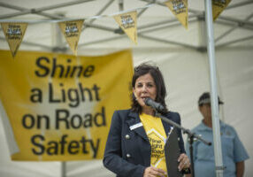 Road Trauma Support Services Victoria’s CEO Bernadette Nugent addresses the crowd of supporters at the Shine a Light event this year.